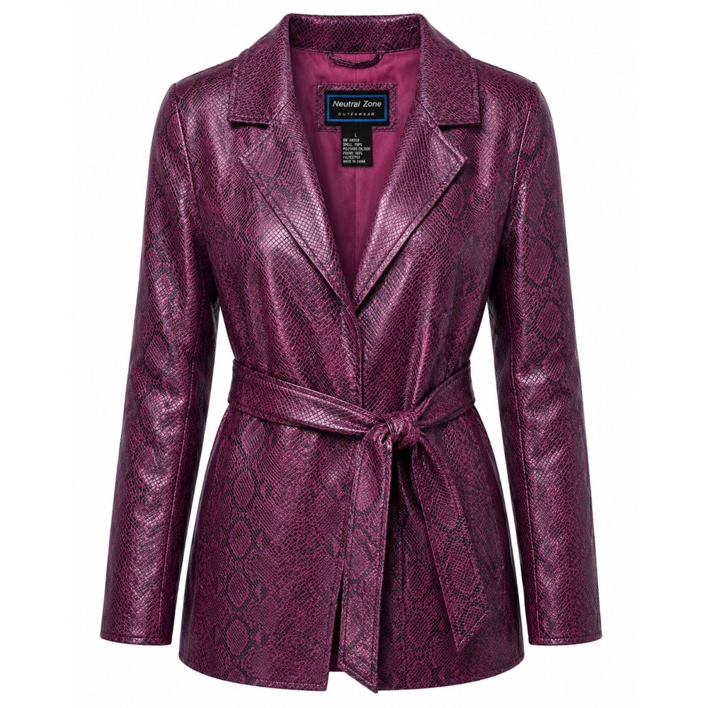 Neutral Zone Purple Snakeskin Print Faux Leather Belted Jacket Women's Large